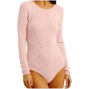 Ronny Kobo Chani Bodysuit Baby Pink Rhinestone Long Sleeve Knit Stretch NEW S